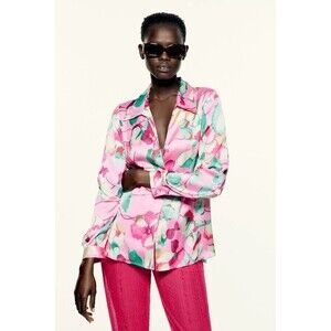 ZARA Small button front blouse sating top flower collar longsleeve v-neck